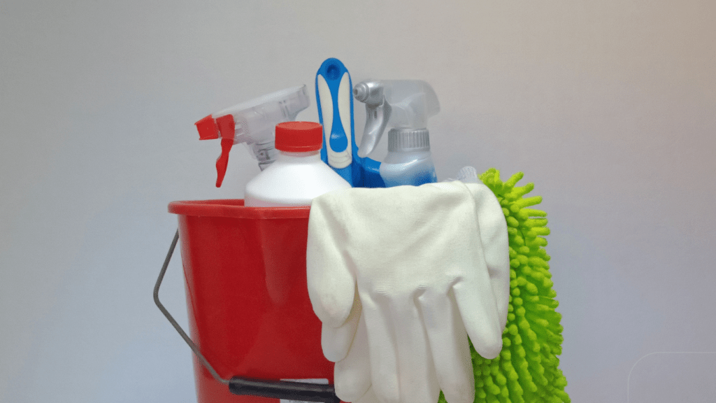 cleaning materials in a bucket